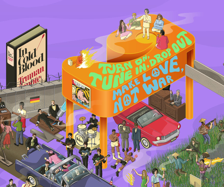 I Draw Illustrations With Symbols Of The 20s, 40s And 60s To Express My Love For Pop-Culture And History I Draw Illustrations With Symbols Of The 20s, 40s And 60s To Express My Love For Pop-Culture And History