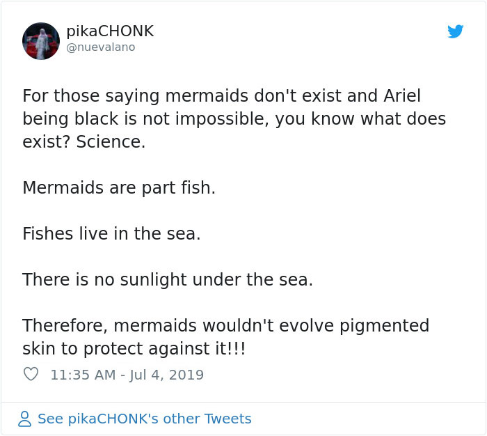 People Use ‘Science’ To Prove Disney Has To Change The Lead Actor Of The Little Mermaid ‘Cause She Can’t Be Black People Use ‘Science’ To Prove Disney Has To Change The Lead Actor Of The Little Mermaid ‘Cause She Can’t Be Black