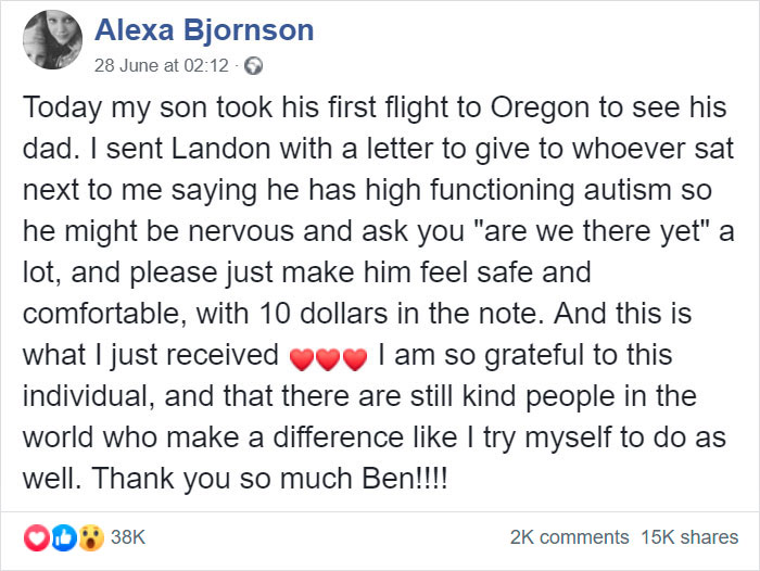 7-Year-Old Autistic Boy Flying Alone With $10 And A Note Explaining His Condition Gets The Best Seatmate 7-Year-Old Autistic Boy Flying Alone With $10 And A Note Explaining His Condition Gets The Best Seatmate