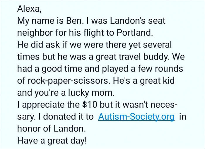 7-Year-Old Autistic Boy Flying Alone With $10 And A Note Explaining His Condition Gets The Best Seatmate 7-Year-Old Autistic Boy Flying Alone With $10 And A Note Explaining His Condition Gets The Best Seatmate