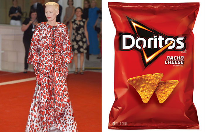 Someone Notices Tilda Swinton’s Outfits Look Similar To Different Flavors Of Doritos, Compares Them Side By Side Someone Notices Tilda Swinton’s Outfits Look Similar To Different Flavors Of Doritos, Compares Them Side By Side