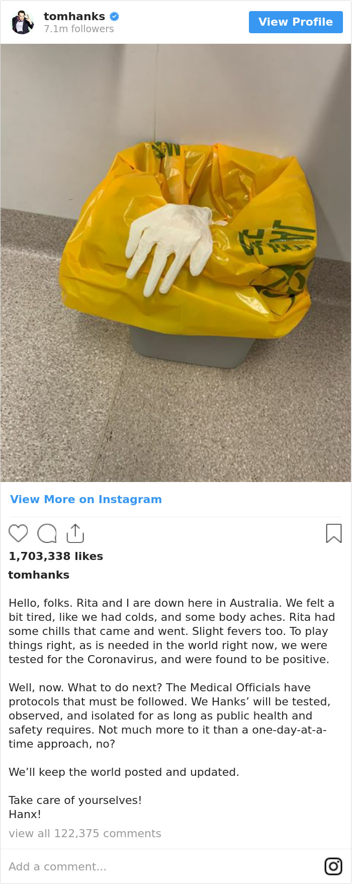 Tom Hanks Posts Another Photo Of A Glove, But This Time To Announce That He And His Wife Contracted Coronavirus Tom Hanks Posts Another Photo Of A Glove, But This Time To Announce That He And His Wife Contracted Coronavirus
