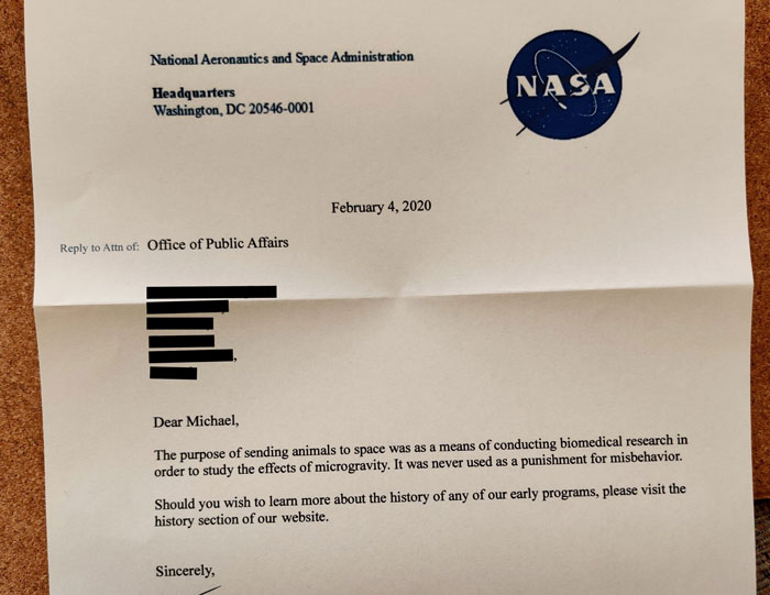 Guy Writes A Humorous Letter To NASA Where He Suggests Sending Misbehaving Animals To Space, NASA Responds