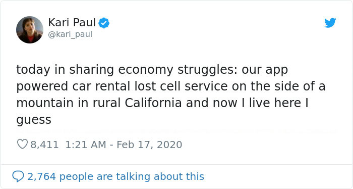 Woman Gets Stuck In Rural California After Losing Cell Service While Driving An App-Powered Rental Car And The Company Tells Her To Sleep In The Car Woman Gets Stuck In Rural California After Losing Cell Service While Driving An App-Powered Rental Car And The Company Tells Her To Sleep In The Car