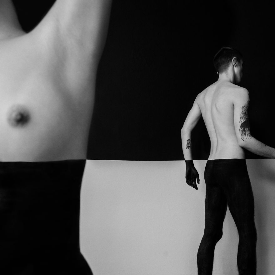 I Create An Abstract Illusion Using Only Black And White Bodypainting