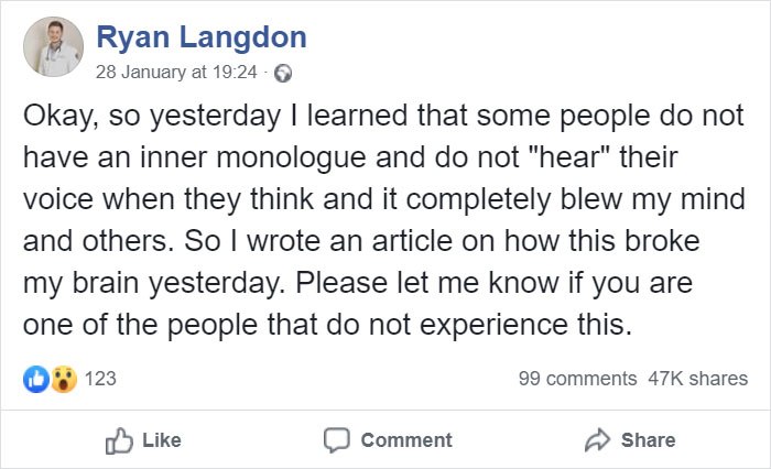Guy Finds Out Not Everyone Has An Internal Monologue With Themselves And It Ruins His Day
