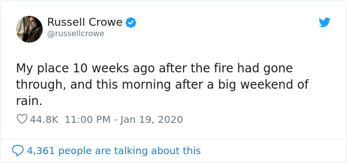 Russell Crowe Shares Before And After Pics Of His Fire Devastated Land After A Weekend Of Rain Russell Crowe Shares Before And After Pics Of His Fire Devastated Land After A Weekend Of Rain