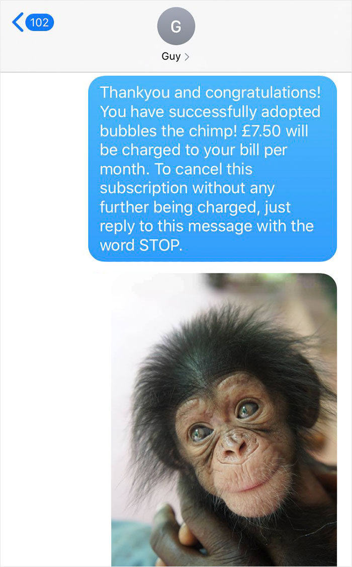 Girl Decides To Prank This Guy Who Gave Her His Number By Texting Him That He’d Just Adopted A Chimp Girl Decides To Prank This Guy Who Gave Her His Number By Texting Him That He’d Just Adopted A Chimp