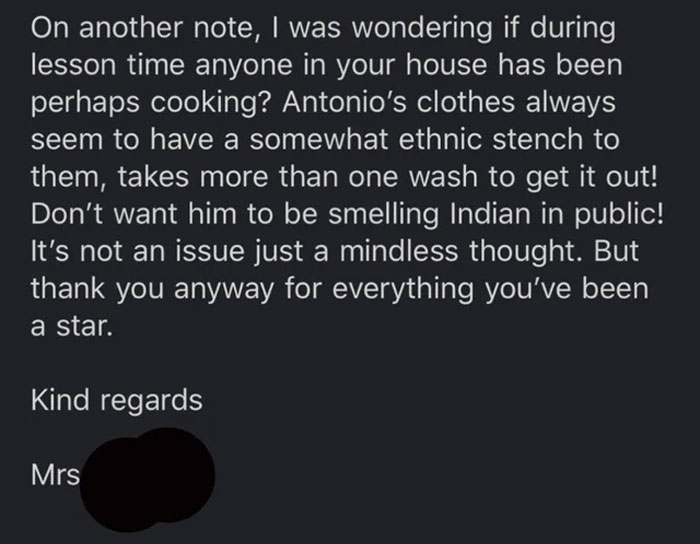 Cello Teacher Receives Racist ‘Thank You’ E-mail From Student’s Mom, Responds By Explaining The Reason Behind ‘Ethnic Stench’ Cello Teacher Receives Racist ‘Thank You’ E-mail From Student’s Mom, Responds By Explaining The Reason Behind ‘Ethnic Stench’