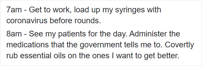 Doctor Pokes Fun At Conspiracy Theories By Sharing A Satirical Post About A Typical Day In A Covid-19 Ward