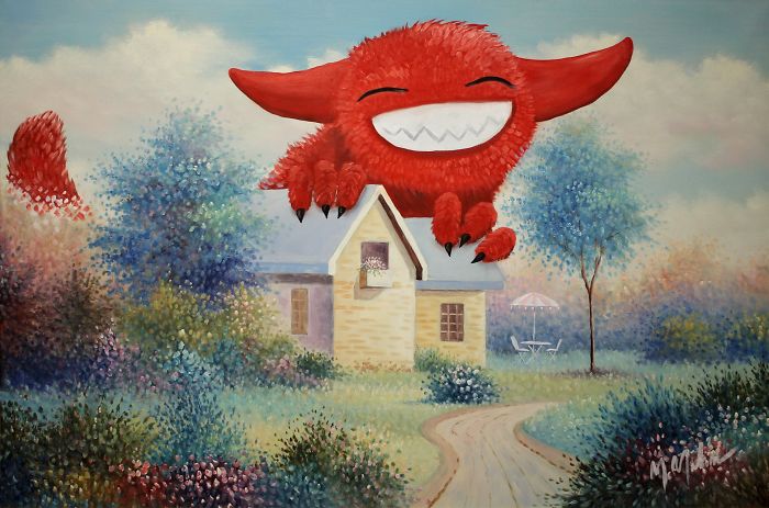 30 Thrift Shop Paintings Made Interesting Again With Funny Monsters By Chris McMahon