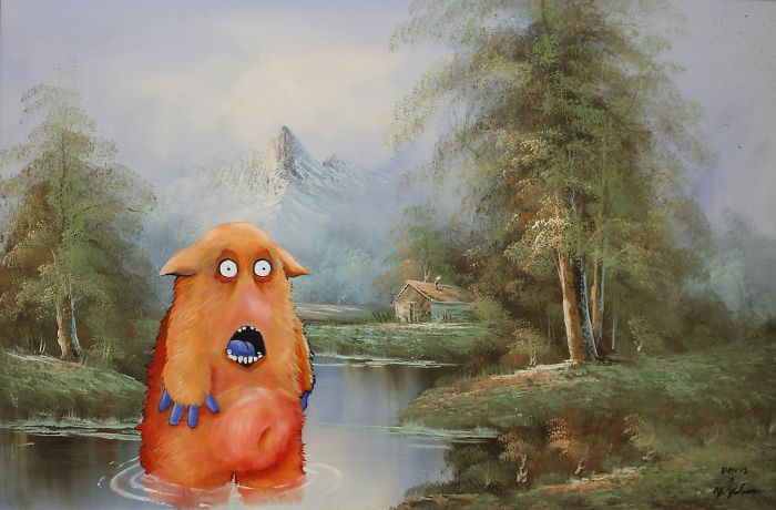 30 Thrift Shop Paintings Made Interesting Again With Funny Monsters By Chris McMahon
