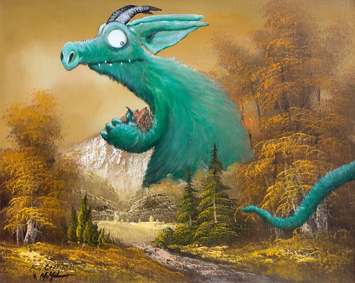 30 Thrift Shop Paintings Made Interesting Again With Funny Monsters By Chris McMahon