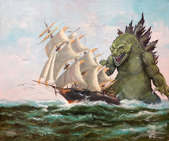 30 Thrift Shop Paintings Made Interesting Again With Funny Monsters By Chris McMahon