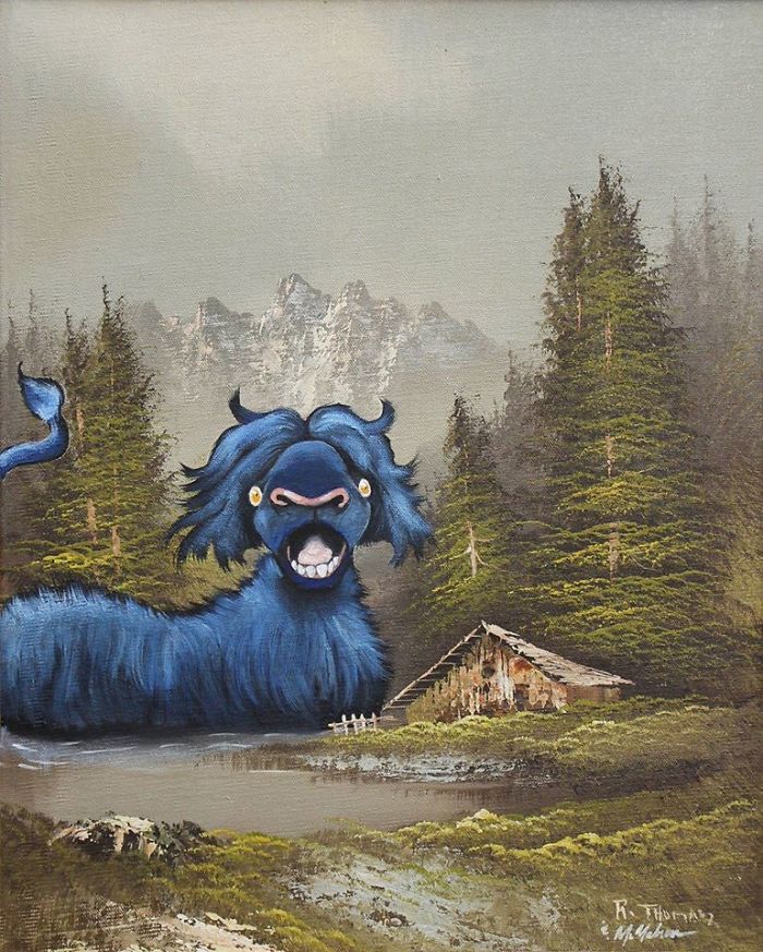 30 Thrift Shop Paintings Made Interesting Again With Funny Monsters By Chris McMahon