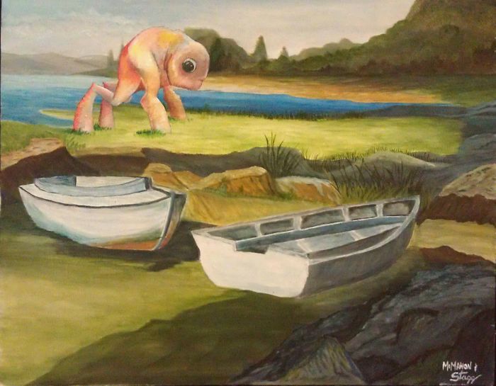 30 Thrift Shop Paintings Made Interesting Again With Funny Monsters By Chris McMahon