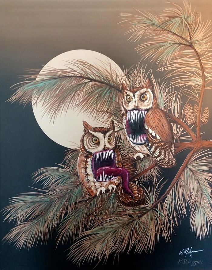 30 Thrift Shop Paintings Made Interesting Again With Funny Monsters By Chris McMahon