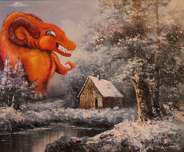 30 Thrift Shop Paintings Made Interesting Again With Funny Monsters By Chris McMahon