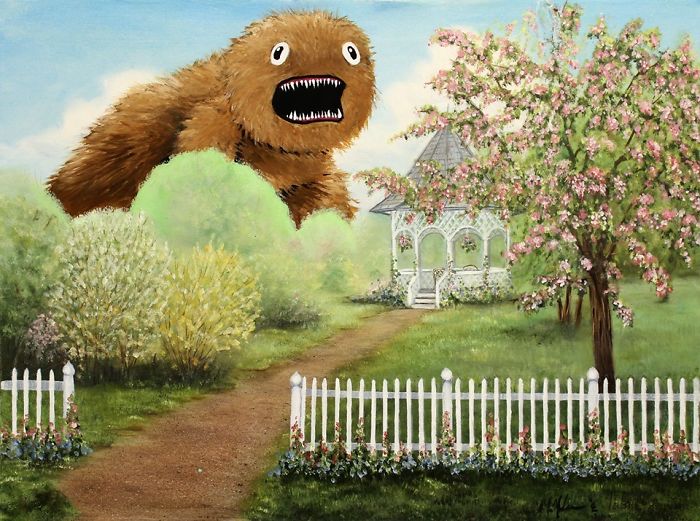 30 Thrift Shop Paintings Made Interesting Again With Funny Monsters By Chris McMahon