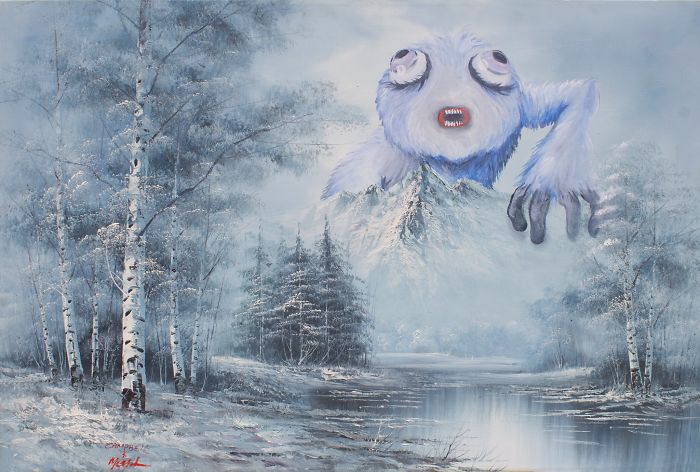 30 Thrift Shop Paintings Made Interesting Again With Funny Monsters By Chris McMahon