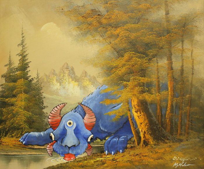 30 Thrift Shop Paintings Made Interesting Again With Funny Monsters By Chris McMahon
