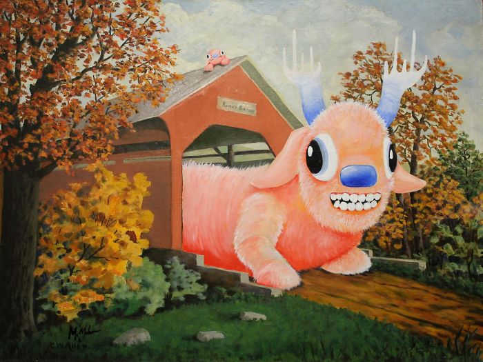 30 Thrift Shop Paintings Made Interesting Again With Funny Monsters By Chris McMahon