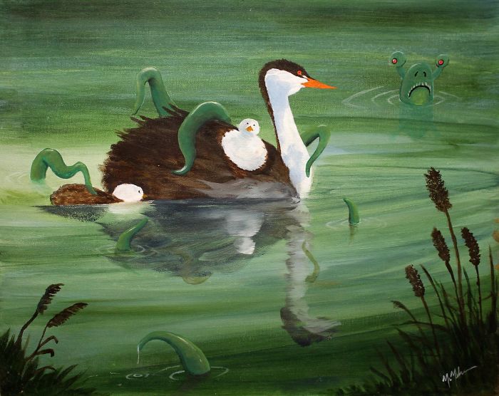 30 Thrift Shop Paintings Made Interesting Again With Funny Monsters By Chris McMahon