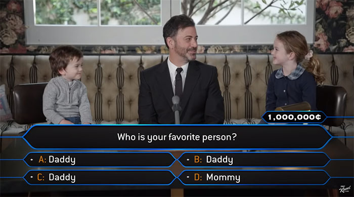 Jimmy Kimmel Hosts ‘Who Wants To Be A Millionaire’ For His Two Kids And Billy Adorably Loses His Patience Jimmy Kimmel Hosts ‘Who Wants To Be A Millionaire’ For His Two Kids And Billy Adorably Loses His Patience