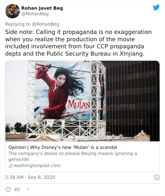 Guy On Twitter Points Out Why Disney’s Mulan (2020) Is Effectively Chinese Propaganda Guy On Twitter Points Out Why Disney’s Mulan (2020) Is Effectively Chinese Propaganda