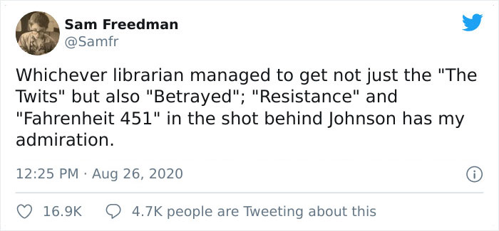 People Notice A Very Specific Book Arrangement Behind Boris Johnson During His Speech, Think The Librarian Did It People Notice A Very Specific Book Arrangement Behind Boris Johnson During His Speech, Think The Librarian Did It