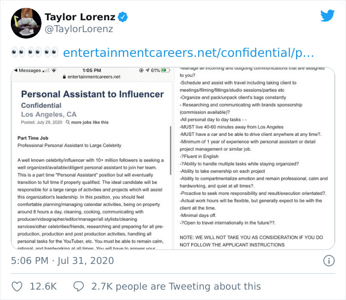 People Are Roasting This Insane Personal Assistant Job Ad Posted By Famous LA Influencer People Are Roasting This Insane Personal Assistant Job Ad Posted By Famous LA Influencer