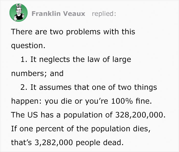 “But It’s Only 1% Fatal!” Person Shuts Down Covidiots By Giving Some Gruesome Numbers Of Possible Victims “But It’s Only 1% Fatal!” Person Shuts Down Covidiots By Giving Some Gruesome Numbers Of Possible Victims