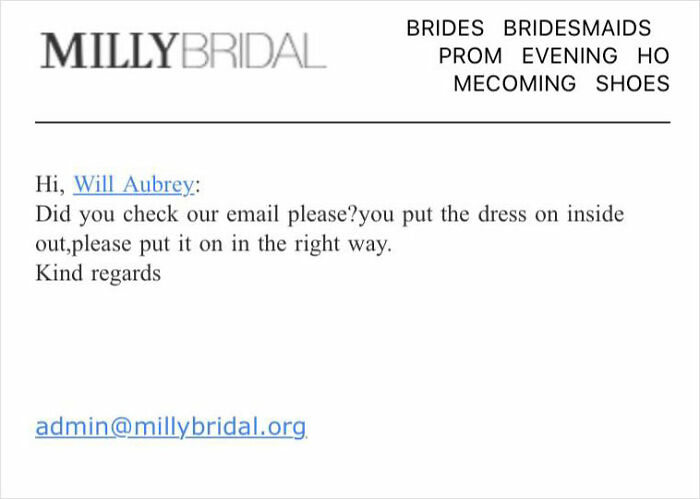 Bride Complains Her Wedding Dress Looks ‘Nothing Like Order’, Gets An Email Saying It’s Inside Out Bride Complains Her Wedding Dress Looks ‘Nothing Like Order’, Gets An Email Saying It’s Inside Out
