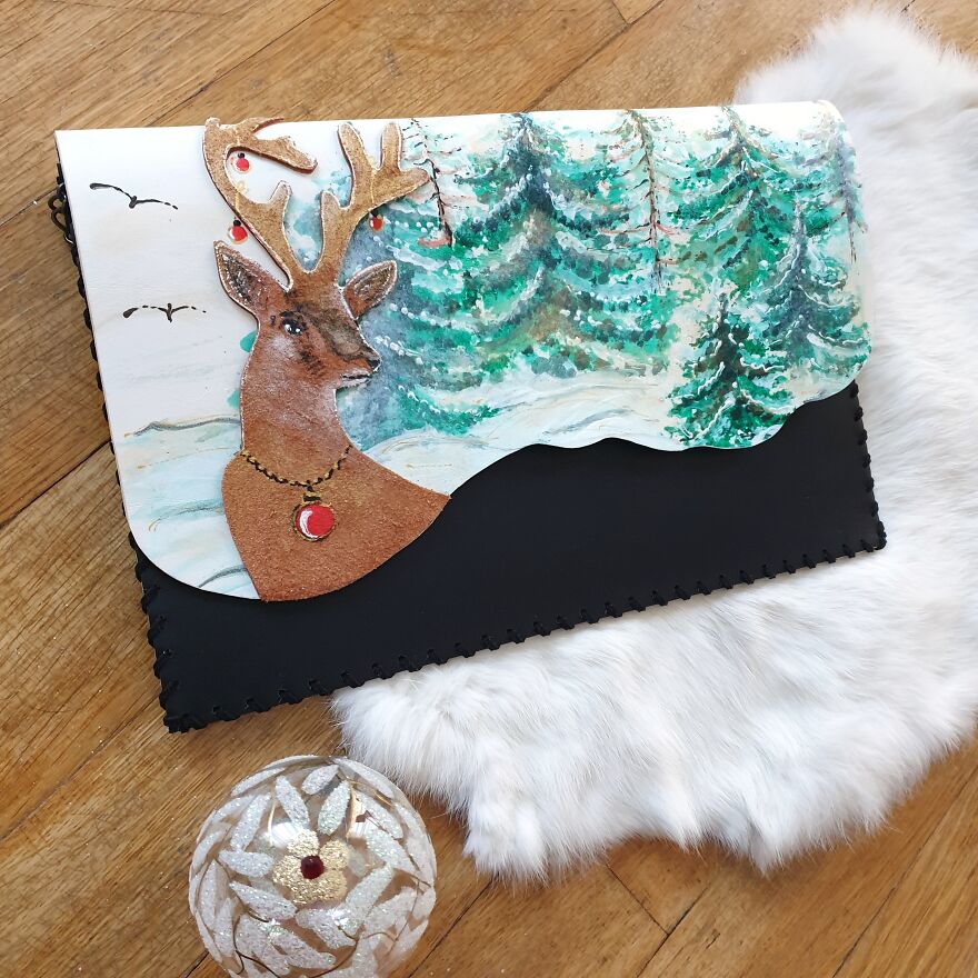 I Use 3D And Collage Techniques To Create Unique Handmade Winter-Themed Leather Clutch Bags (21 Pics)