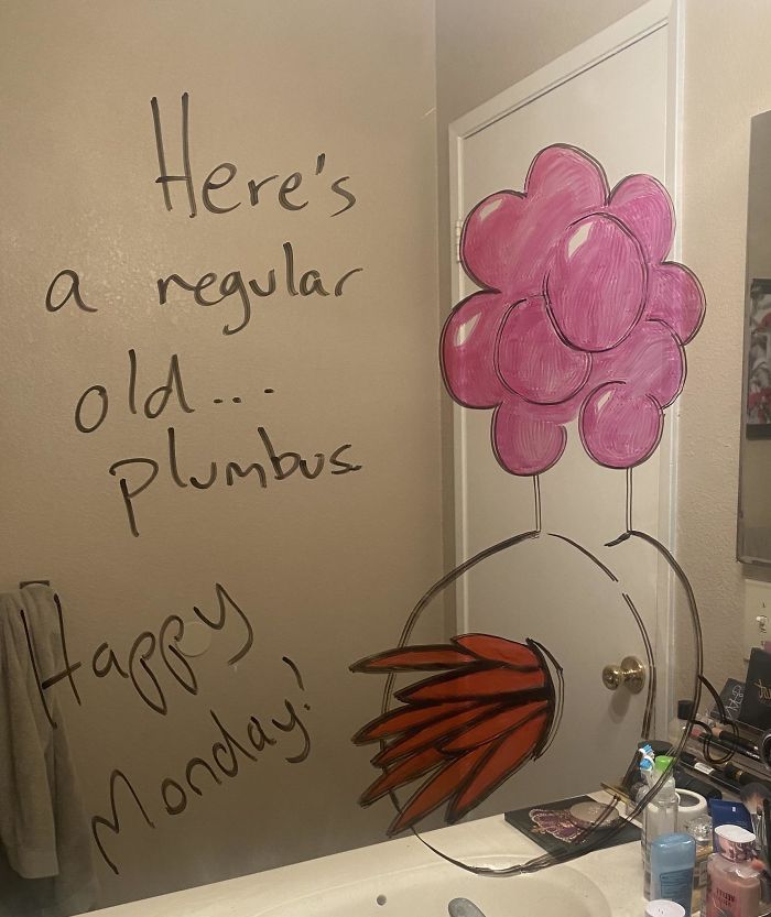Woman Shares A Collection Of Her Husband’s Doodles On Her Bathroom Mirror (17 Pics) Woman Shares A Collection Of Her Husband’s Doodles On Her Bathroom Mirror (17 Pics)