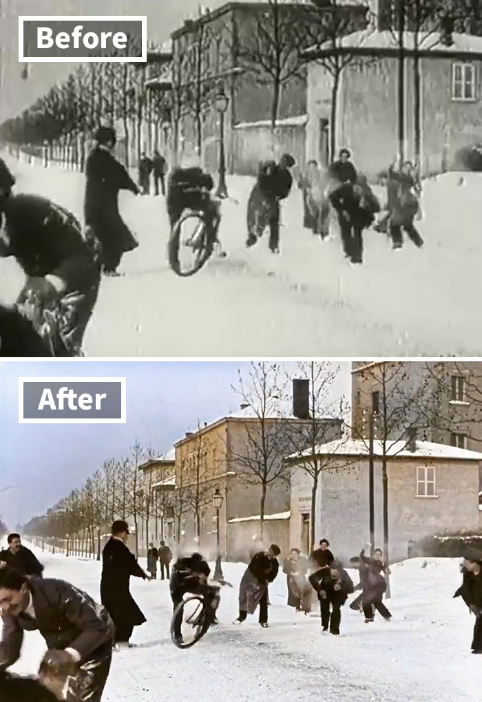 1896 B&W Film Of Snowball Fight in France is Colorized And Speed-Adjusted To Look Incredibly Modern 1896 B&W Film Of Snowball Fight in France is Colorized And Speed-Adjusted To Look Incredibly Modern