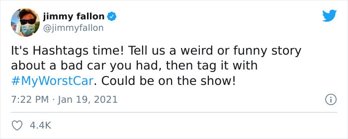 Jimmy Fallon Asks People To Share Their Worst Car Stories, Receives 50 Hilarious Ones Jimmy Fallon Asks People To Share Their Worst Car Stories, Receives 50 Hilarious Ones