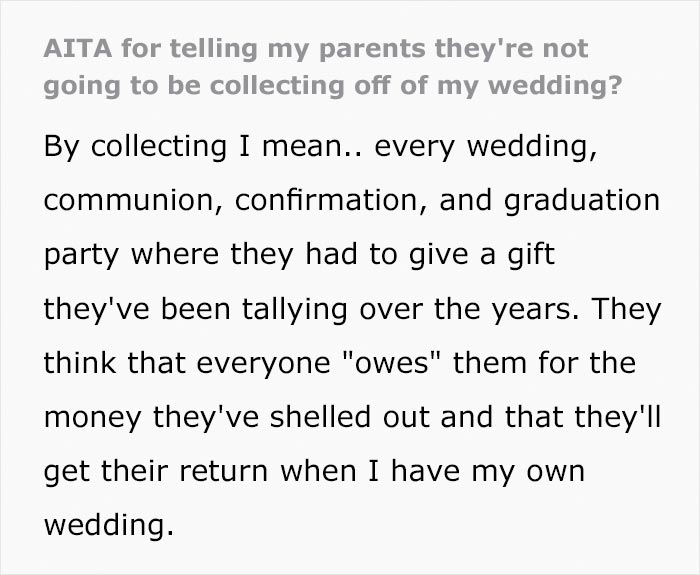 Parents Want To “Collect” Off Of Their Child’s Wedding – She Says No And Family Drama Ensues Parents Want To “Collect” Off Of Their Child’s Wedding – She Says No And Family Drama Ensues