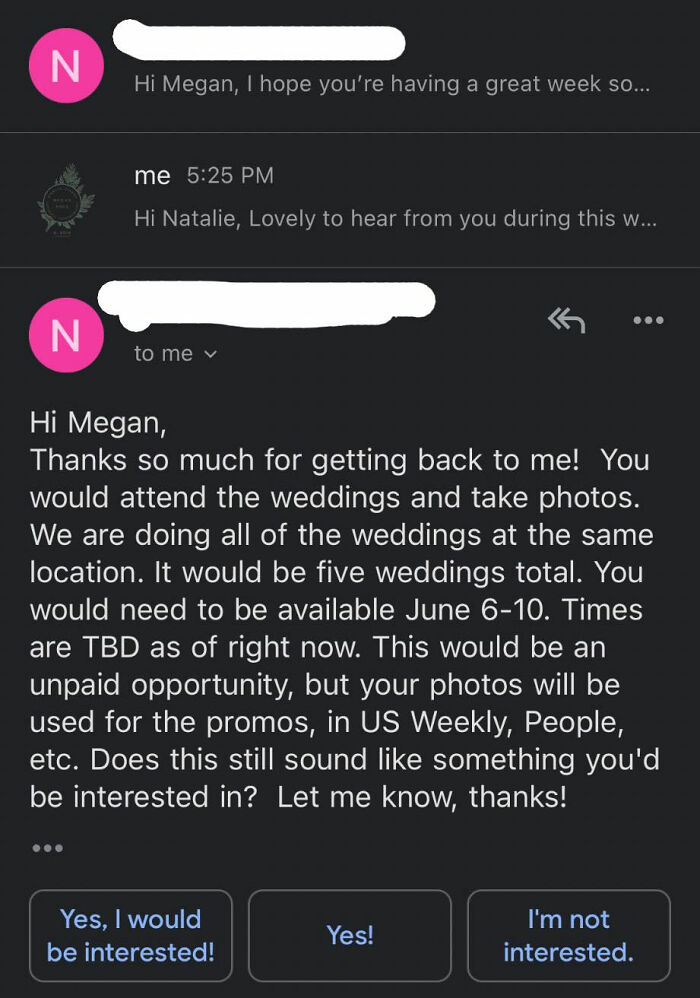 Photographer Shares Screenshots From Netflix’s ‘Love Is Blind’ Producer Who Offers Her Unpaid Work To Shoot 5 Weddings Photographer Shares Screenshots From Netflix’s ‘Love Is Blind’ Producer Who Offers Her Unpaid Work To Shoot 5 Weddings