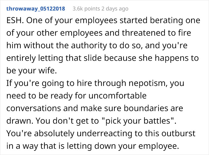Man Sees His Wife Berating His Employee Who Made A Mistake, Reminds Her She’s “Not The Boss” And Tells Her To Leave