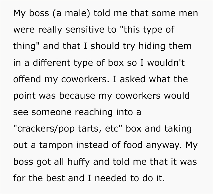 Male Colleague Complains About Seeing A ‘Disgusting’ Tampon Box In Woman’s Locker, So She Makes The Box Look Even More ‘Extra’ Male Colleague Complains About Seeing A ‘Disgusting’ Tampon Box In Woman’s Locker, So She Makes The Box Look Even More ‘Extra’