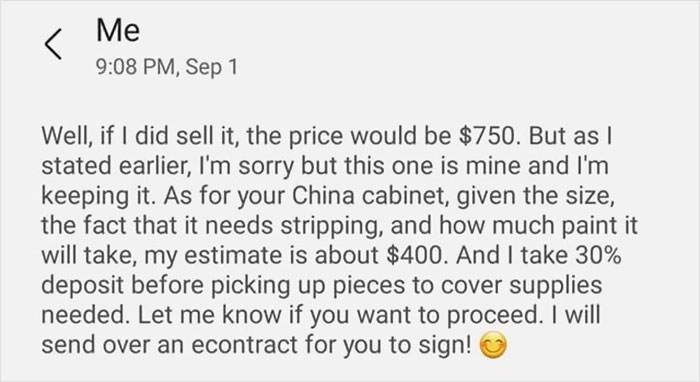 Choosing Beggar Loses It When Furniture Restorer Refuses To Work On Her Terms