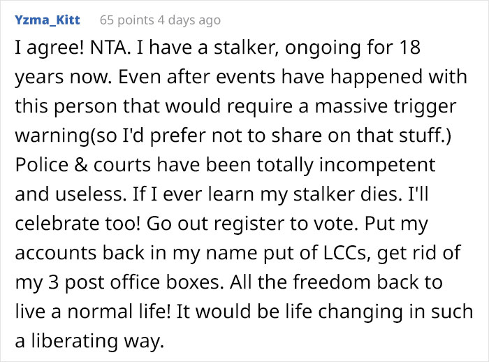 Woman Throws A “Death-Day” Party After Learning Her Stalker That’s Been Tormenting Her For Years Is Dead, Gets Called Out Woman Throws A “Death-Day” Party After Learning Her Stalker That’s Been Tormenting Her For Years Is Dead, Gets Called Out