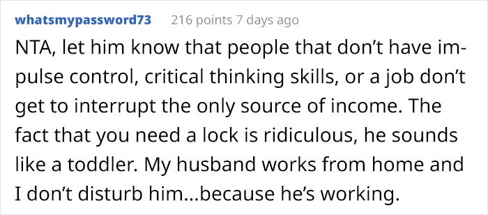 Unemployed Husband Keeps Interrupting His Working Wife With Requests And Chores, So She Installs A Lock, Sparks Family Drama Unemployed Husband Keeps Interrupting His Working Wife With Requests And Chores, So She Installs A Lock, Sparks Family Drama