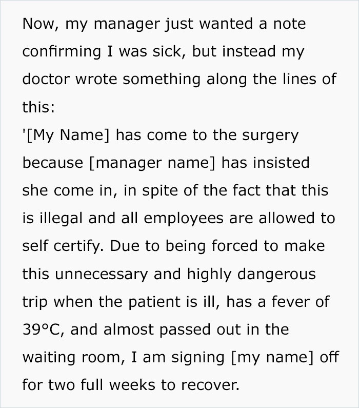 Doctor Writes &#8220;The Most Passive-Aggressive Note&#8221; To Sign Off An Employee For 2 Weeks Instead Of 2 Days After Her Jerk Manager Illegally Threatens To Fire Her