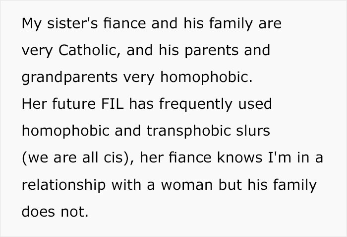 Catholic Woman Doesn’t Want Her Sister To Bring Her Girlfriend To Her Wedding, Starts A Family Conflict Catholic Woman Doesn’t Want Her Sister To Bring Her Girlfriend To Her Wedding, Starts A Family Conflict