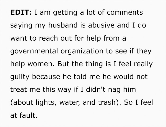 ‘Get Out Now’: People Are Begging This Woman To Leave Her Abusive Husband After She Writes A Post Online About His Bizarre Behavior ‘Get Out Now’: People Are Begging This Woman To Leave Her Abusive Husband After She Writes A Post Online About His Bizarre Behavior