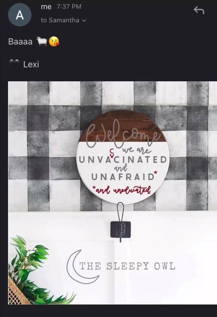 People Are Cracking Up At This Woman’s Conversation With A Client Demanding That She Create An Anti-Vax Door Sign