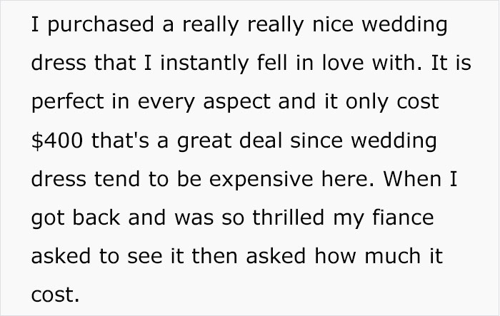 “Only Smart Brides Save Money”: Fiancé Loses It After Finding Out His Wife-To-Be Spent $400 Of Her Own Money On A Wedding Dress “Only Smart Brides Save Money”: Fiancé Loses It After Finding Out His Wife-To-Be Spent $400 Of Her Own Money On A Wedding Dress