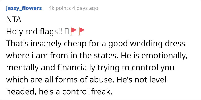“Only Smart Brides Save Money”: Fiancé Loses It After Finding Out His Wife-To-Be Spent $400 Of Her Own Money On A Wedding Dress “Only Smart Brides Save Money”: Fiancé Loses It After Finding Out His Wife-To-Be Spent $400 Of Her Own Money On A Wedding Dress
